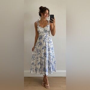 Gap Blue and Cream Floral Midi Tie Strap Tiered Dress 100% Cotton